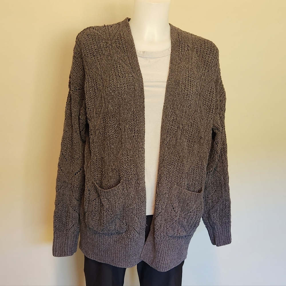 Chenille cable knit open stitch long cardigan